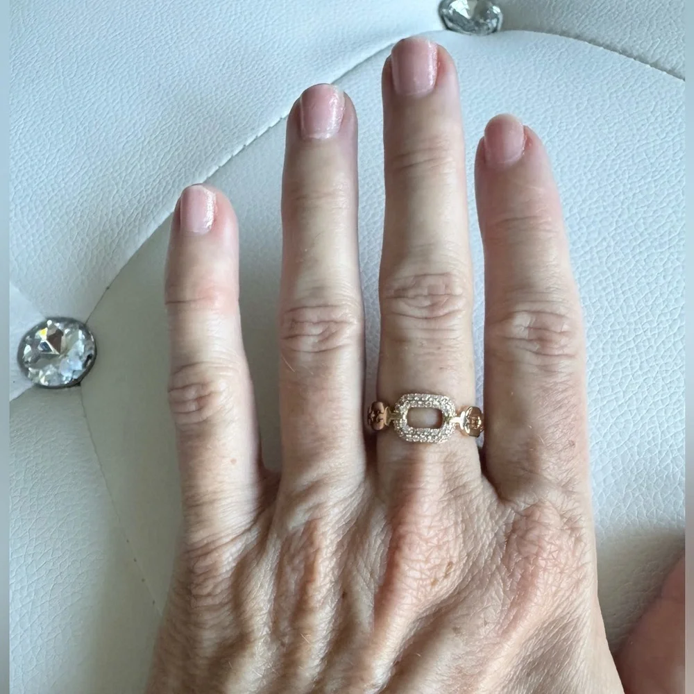 Gold Tone and Rhinestone Chain Link Hollow Adjustable Ring New